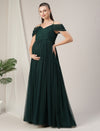 Romantic Tulle Maternity Maxi Dress- Dark Green