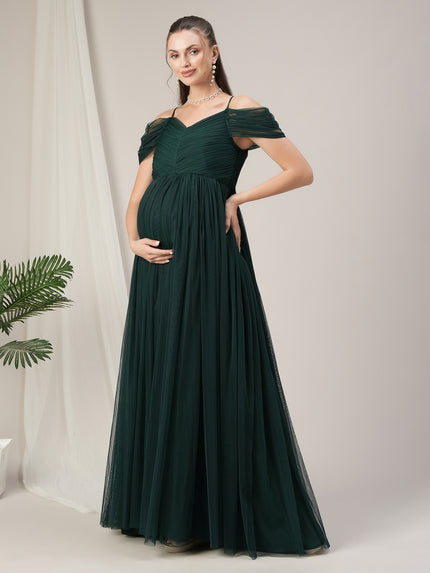 Romantic Tulle Maternity Maxi Dress- Dark Green