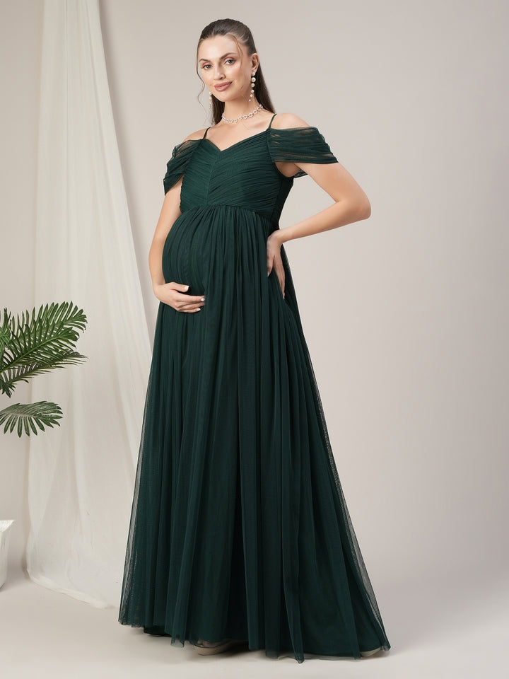 Romantic Tulle Maternity Maxi Dress- Dark Green