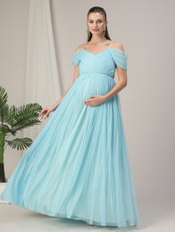 Romantic Tulle Maternity Maxi Dress- Light Blue