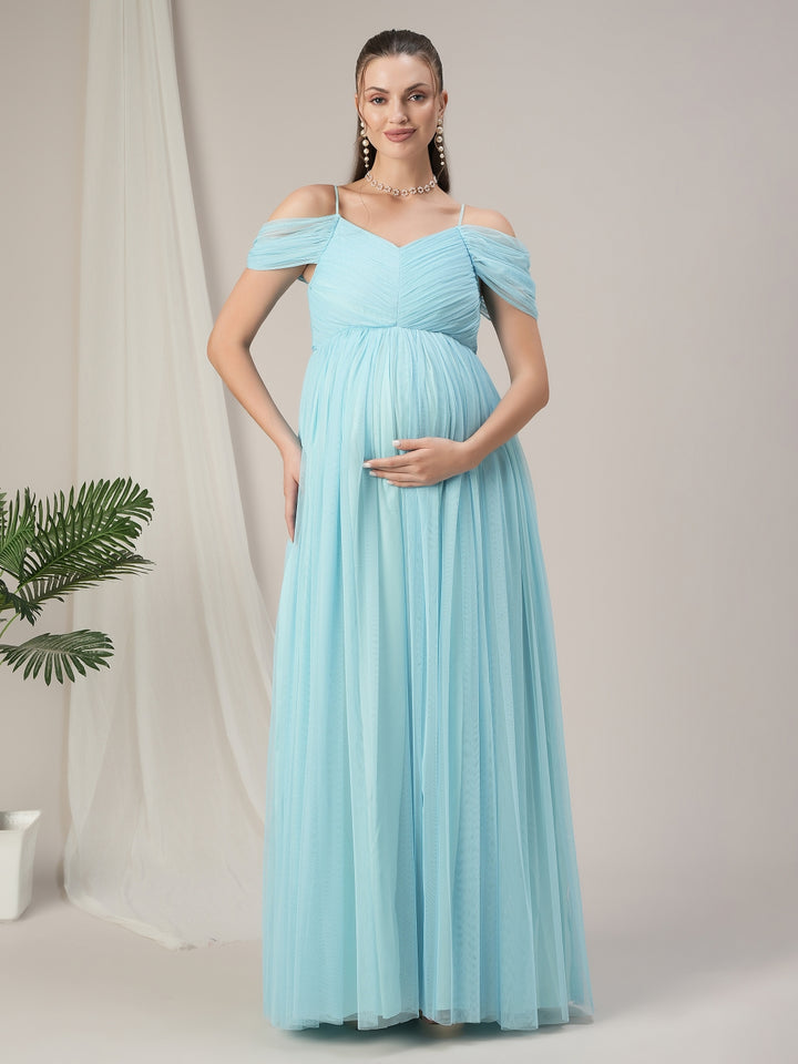 Romantic Tulle Maternity Maxi Dress- Light Blue