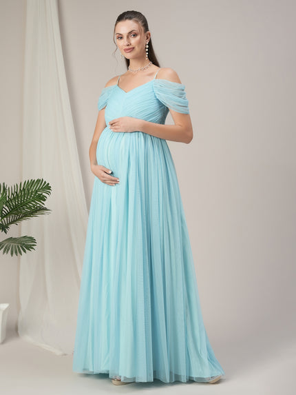 Romantic Tulle Maternity Maxi Dress- Light Blue