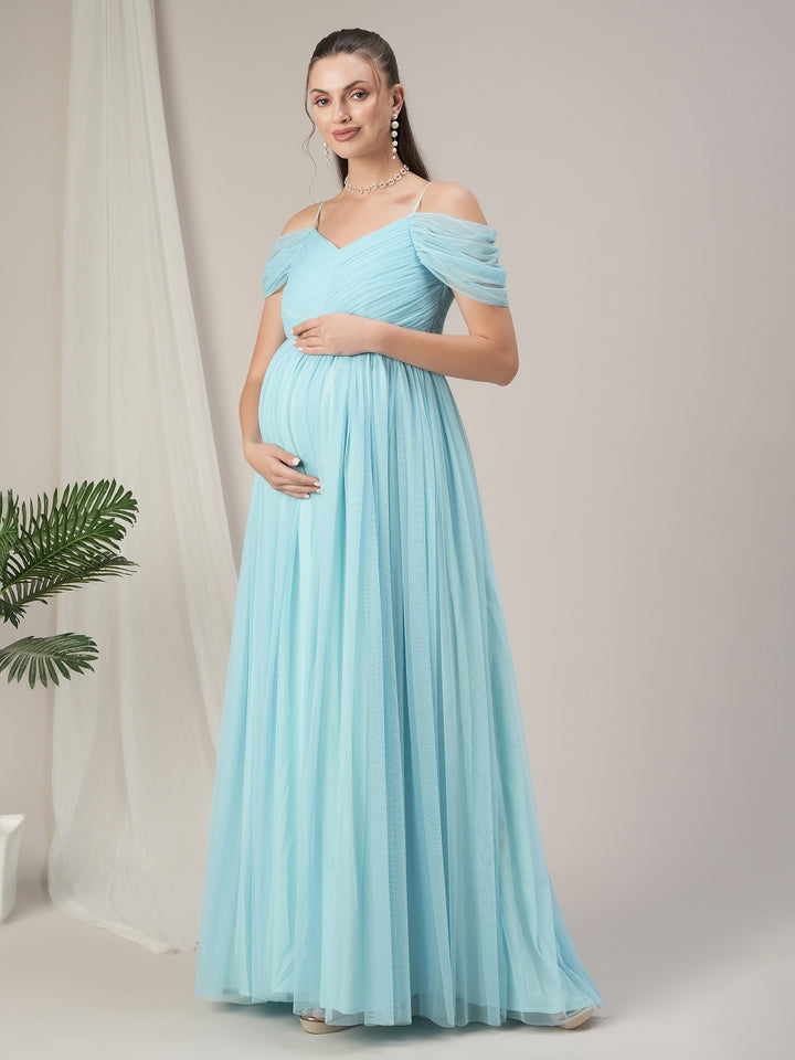 Romantic Tulle Maternity Maxi Dress- Light Blue