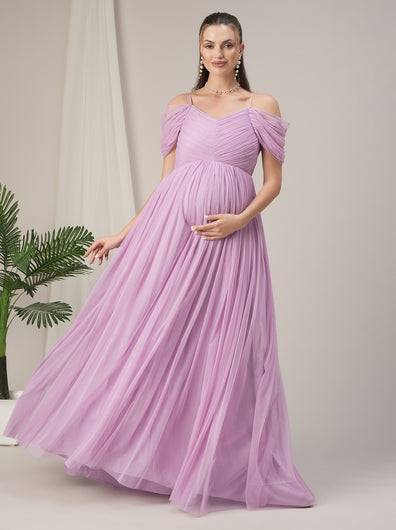 Romantic Tulle Maternity Maxi Dress- Light Purple