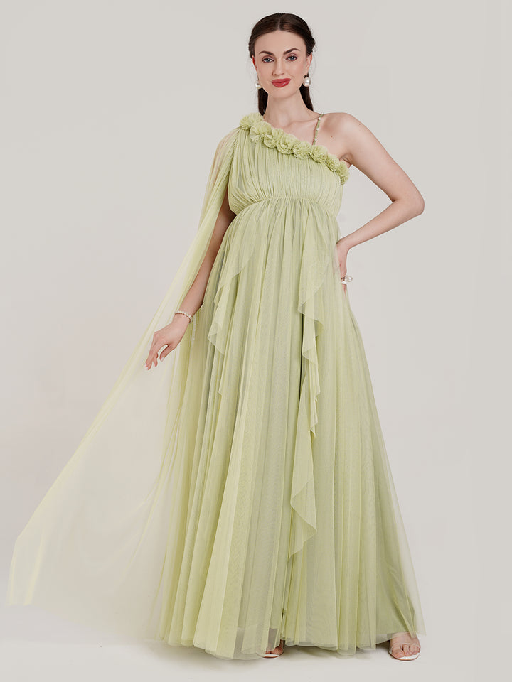 Ruffle Maternity Gown with Detachable Trail