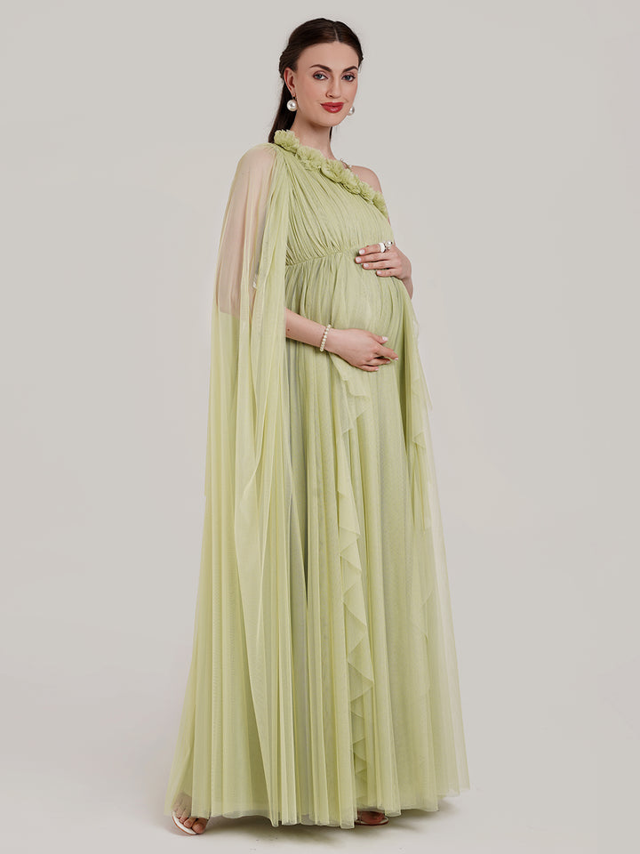 Ruffle Maternity Gown with Detachable Trail