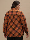 Plus-size woman in back view wearing Rust Brown Plus Size Shirt Jacket with straight hem and casual silhouette