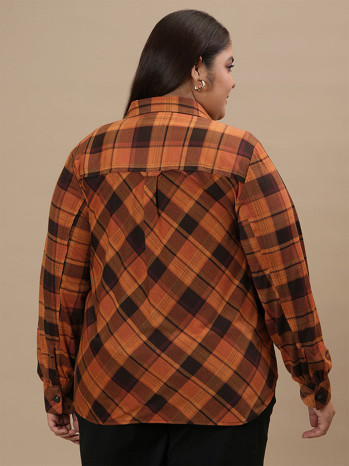 Plus-size woman in back view wearing Rust Brown Plus Size Shirt Jacket with straight hem and casual silhouette