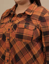 Close-up view of Rust Brown Plus Size Shirt Jacket showing front button detail and textured fabric