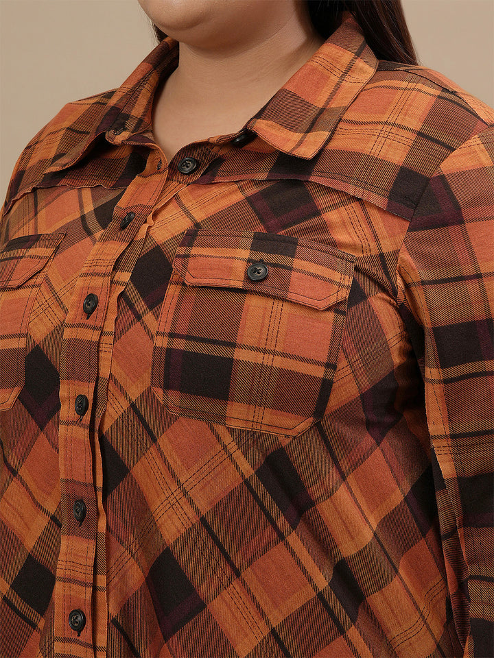 Close-up view of Rust Brown Plus Size Shirt Jacket showing front button detail and textured fabric