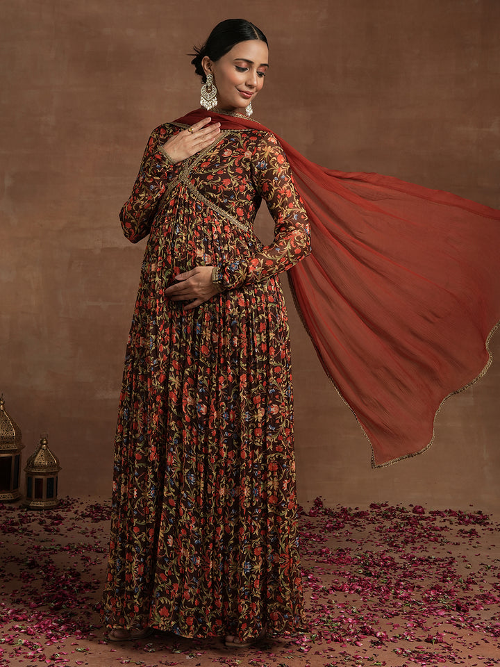 Rust Floral Maternity Anarkali with Dupatta
