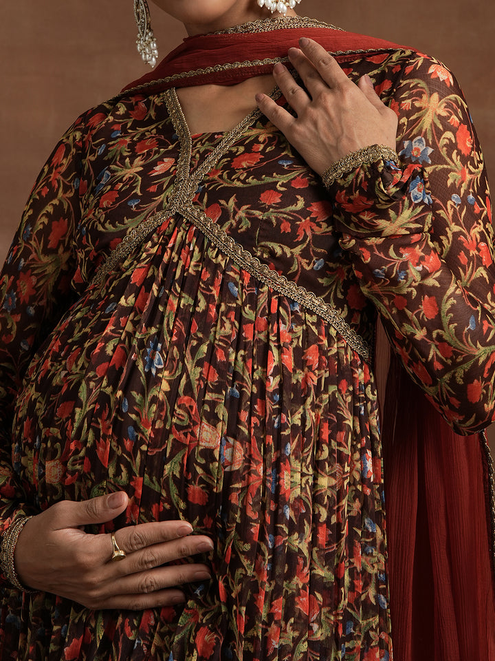 Rust Floral Maternity Anarkali with Dupatta