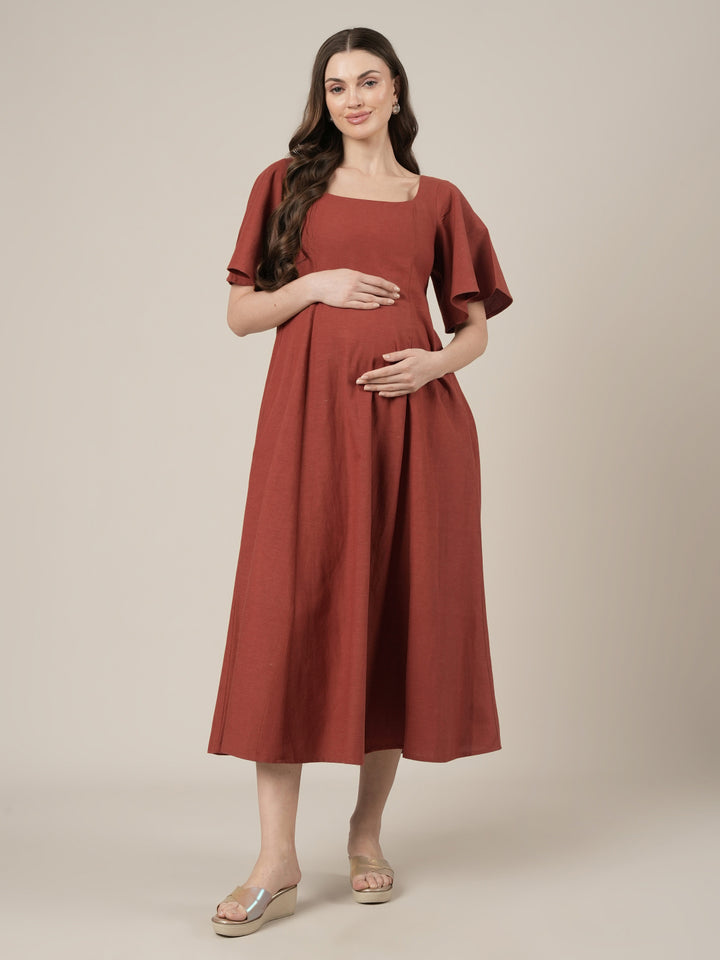 Rust Maternity Cotton A-line Long Dress