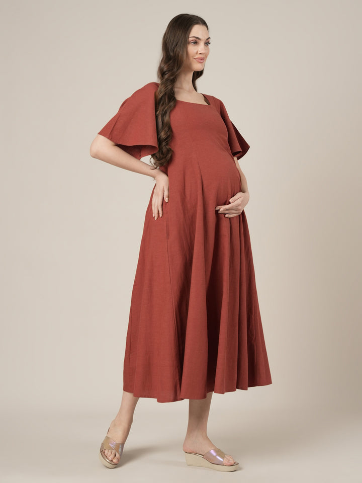 Rust Maternity Cotton A-line Long Dress
