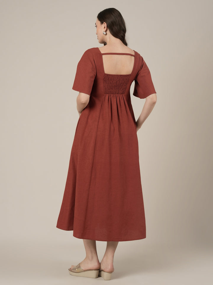 Rust Maternity Cotton A-line Long Dress