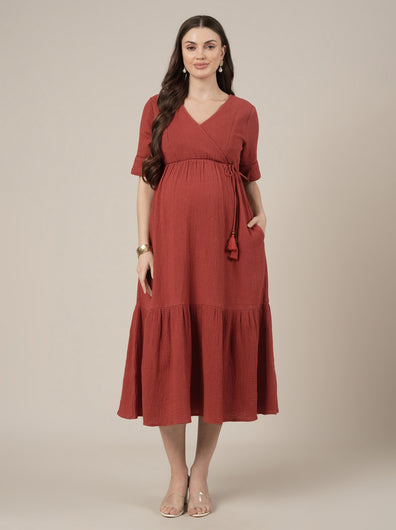 Rust Midi Maternity & Nursing Cotton Dress