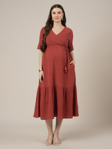Rust Midi Maternity & Nursing Cotton Dress