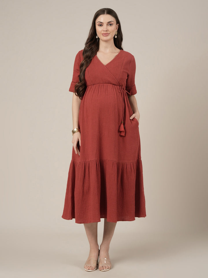 Rust Midi Maternity & Nursing Cotton Dress