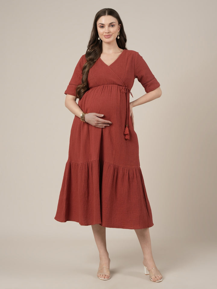 Rust Midi Maternity & Nursing Cotton Dress