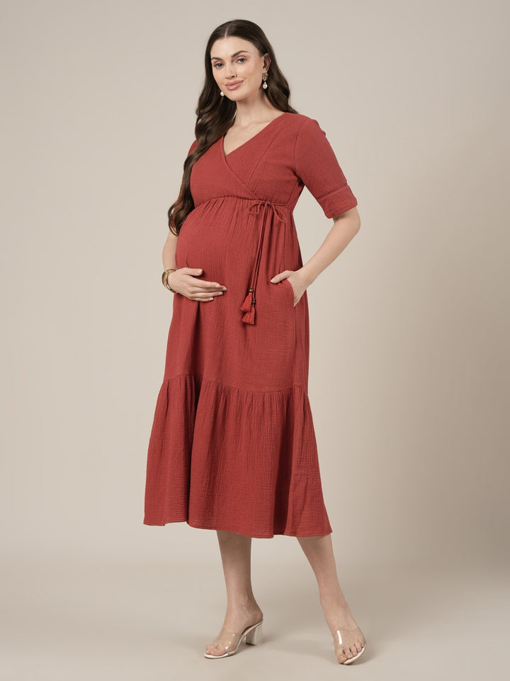 Rust Midi Maternity & Nursing Cotton Dress