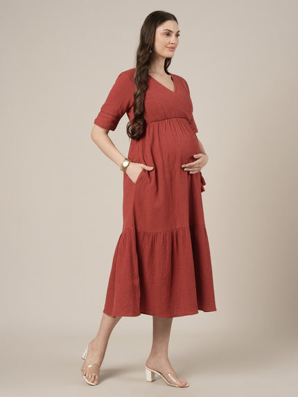 Rust Midi Maternity & Nursing Cotton Dress