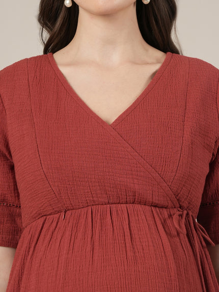 Rust Midi Maternity & Nursing Cotton Dress