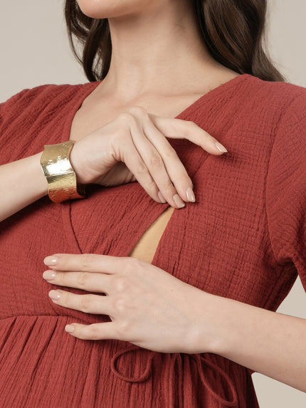 Rust Midi Maternity & Nursing Cotton Dress