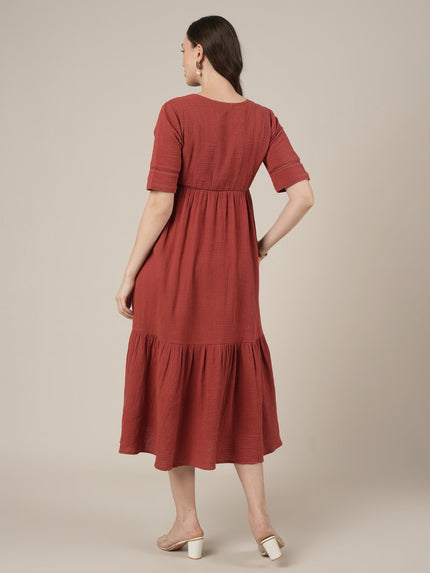 Rust Midi Maternity & Nursing Cotton Dress