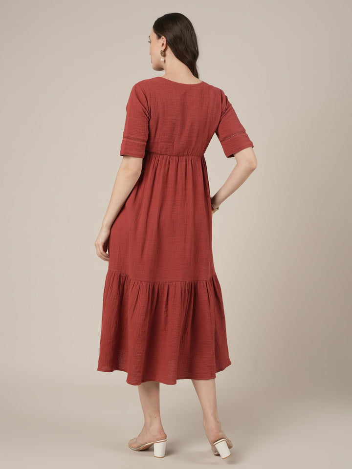 Rust Midi Maternity & Nursing Cotton Dress
