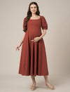 Rust Maternity Cotton A-line Long Dress with Puff Sleeves