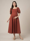 Rust Maternity Cotton A-line Long Dress with Puff Sleeves