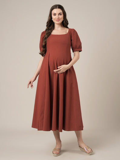 Rust Maternity Cotton A-line Long Dress
