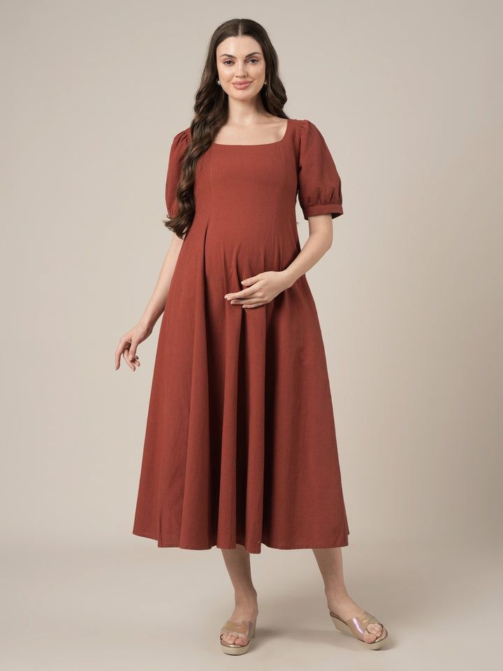 Rust Maternity Cotton A-line Long Dress with Puff Sleeves