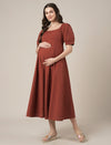 Rust Maternity Cotton A-line Long Dress with Puff Sleeves