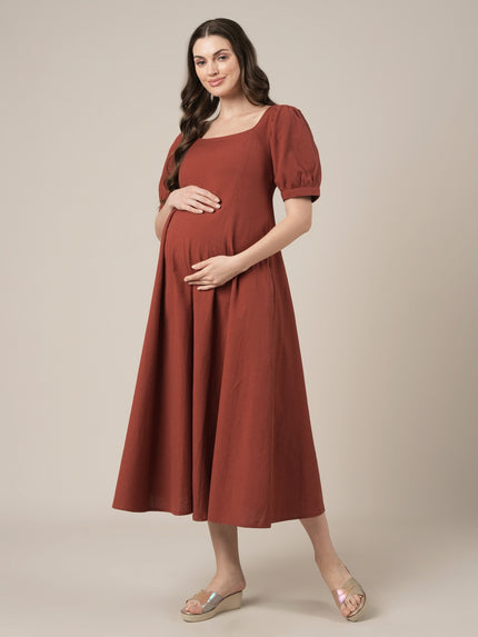 Rust Maternity Cotton A-line Long Dress with Puff Sleeves