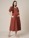 Rust Maternity Cotton A-line Long Dress with Puff Sleeves