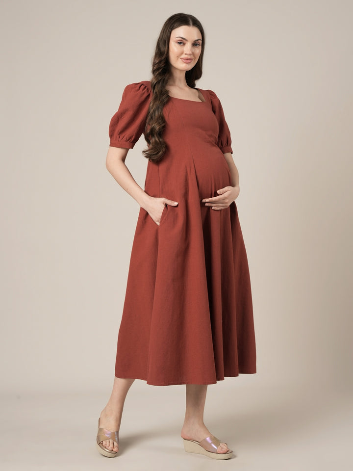 Rust Maternity Cotton A-line Long Dress with Puff Sleeves