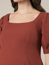 Rust Maternity Cotton A-line Long Dress with Puff Sleeves