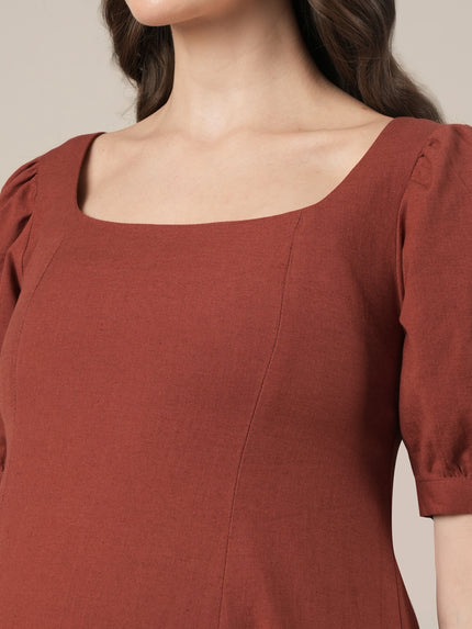 Rust Maternity Cotton A-line Long Dress with Puff Sleeves