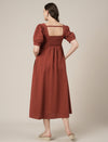 Rust Maternity Cotton A-line Long Dress with Puff Sleeves