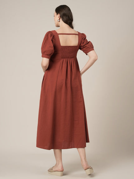 Rust Maternity Cotton A-line Long Dress with Puff Sleeves