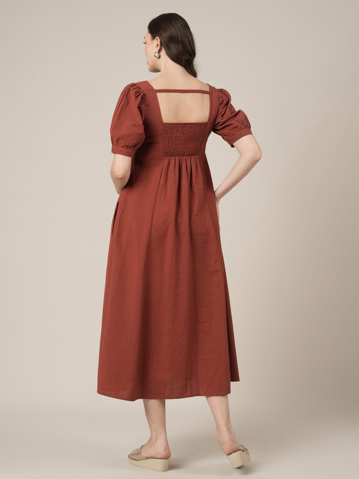 Rust Maternity Cotton A-line Long Dress with Puff Sleeves
