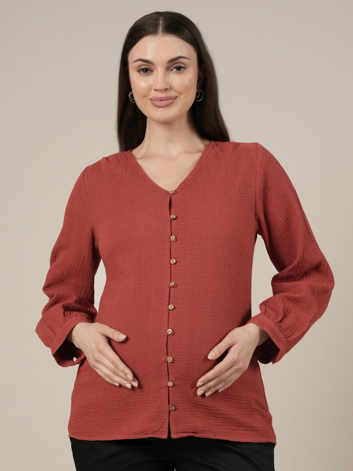Rust Maternity & Nursing Cotton Top with Full Sleeves