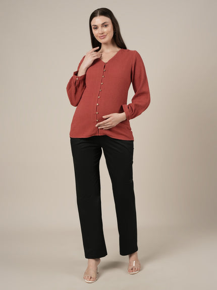 Rust Maternity & Nursing Cotton Top with Full Sleeves