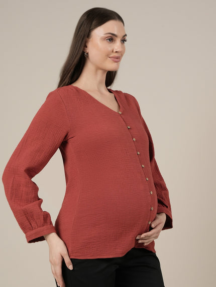 Rust Maternity & Nursing Cotton Top with Full Sleeves