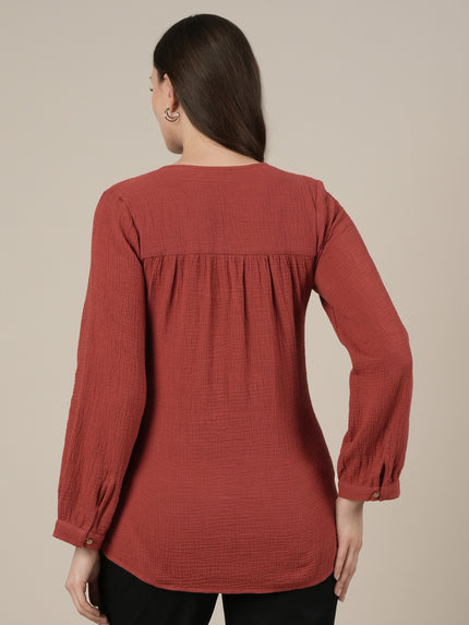 Rust Maternity & Nursing Cotton Top with Full Sleeves