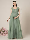 Sage Green Maternity Tulle Cap Sleeve Party Gown
