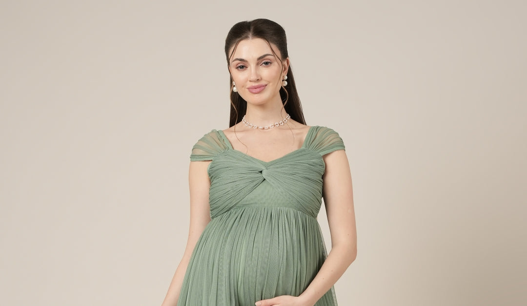 Sage Green Maternity Tulle Cap Sleeve Party Gown