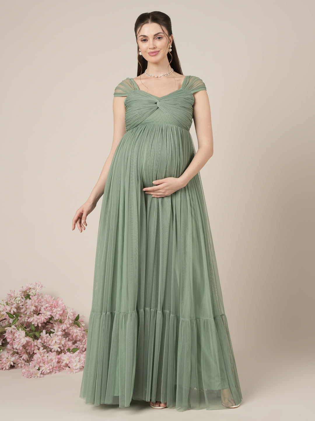 2-in-1 Sage Green Maternity Photoshoot Gown with Detachable Train