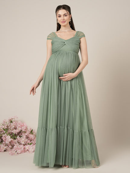 Sage Green Maternity Tulle Cap Sleeve Party Gown